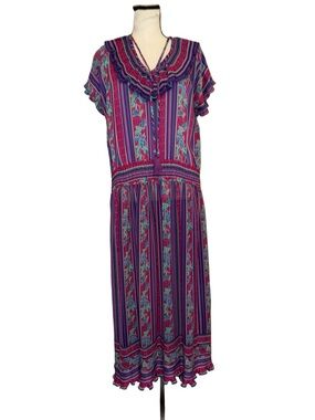 Vintage Georgette Maxi Dress Multicolor Stripe Elastic Waist Shoulder Pads Boho